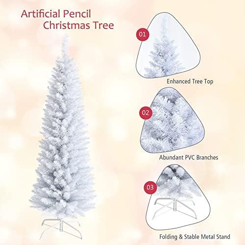 5FT White Pencil Christmas Tree, Artificial Christmas Tree w/Premium PVC Needles, Pine Tree w/Solid Metal Stand, Ideal for Home, Office, Shops, Holiday Decoration