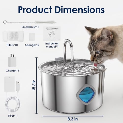 Pawira Cat Water Fountain, 304 Stainless Steel Pet Water Dispenser, 108oz Large Capacity with Water Level Window, Ultra Quiet Automatic Drinking Fountain with 10 Filters & 6 Pump Cotton
