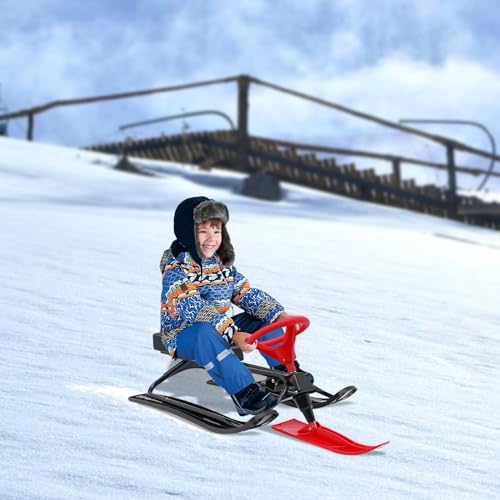 Snow Sled, Baby Sled with Steering Wheel Double Brakes, Durable Steel Frame Ice Fishing Sled for Skiing, Ice Skating, and Sand Skiing, can Bear 220 Lbs, Black+Red