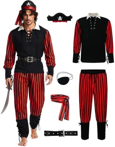Men’s Pirate Costume Set, 8-Piece Renaissance Medieval Outfit Accessories