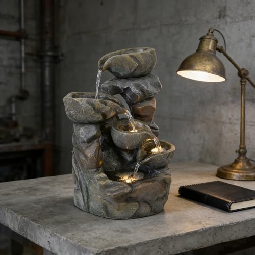 15.7" Resin Outdoor Stone Bowl Water Fountain with LED Lights
