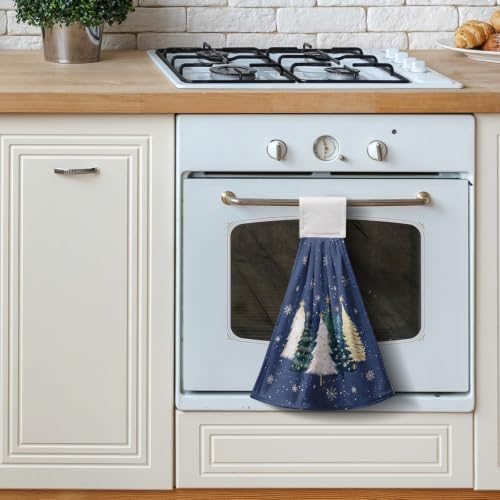 Christmas Tree Blue Hanging Kitchen Hand Towels Set of 2 Teal White Gold Xmas Snowflakes Kitchen Tie Towels Fast Drying Oven Stove Dish Towel Soft Absorbent Fingertip Bath Towel for Bathroom