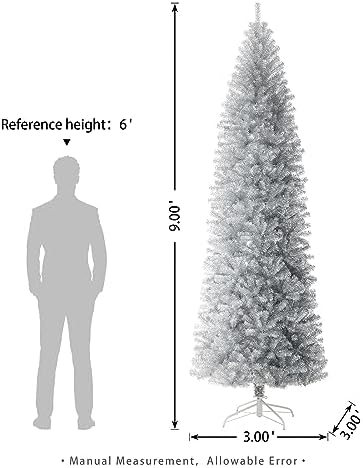 Glitzhome Pencil Tinsel Artificial Christmas Tree, 9ft Silver Christmas Tree with 1860 Branch Tips and Foldable Metal Stand for Home Office Party Decoration
