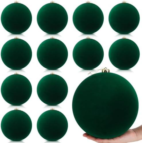 Hollowfly 12 Pcs 8 Inch Extra Large Velvet Christmas Balls Oversized Huge Big Christmas Tree Ornaments Balls for Family Holiday Xmas Tree Hanging (Dark Green)