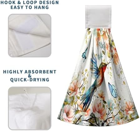 Floral Birds Hand Towels with Hanging Loops Garden Watercolor Floral Hummingbird Butterfly Hanging Kitchen Towels Set of 2 Spring Summer Soft Absorbent Bath Tie Towel Oven Stove Dish Washcloths