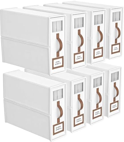 8 Pack Bed Sheets Organizers And Storage,Sheets Set Folder Keeper with Handle,Foldable Bedding Storage Box For Linen Closet,Duvet Cover(King Size-3.7 Gal,White)