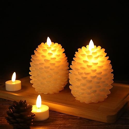 Wondise Pine Cone Flameless Flickering Candles with Remote and Timer