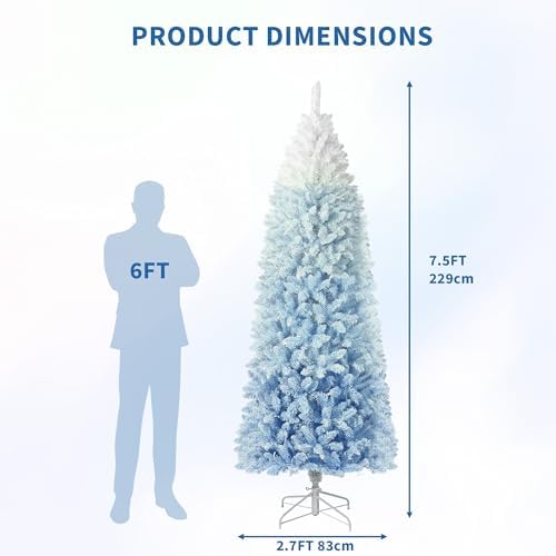 GarveeHome 7.5 ft Prelit Artificial Christmas Tree with RGB & Warm White Lights, Pre-Lit Snow Flocked Pencil Christmas Tree, Foldable Base,Holiday Decoration for Home, Office, Party,Blue Gradient