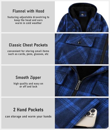 GEEK LIGHTING Men's Flannel Shirts Jacket Sherpa Lined Plaid Zipper Hoodie