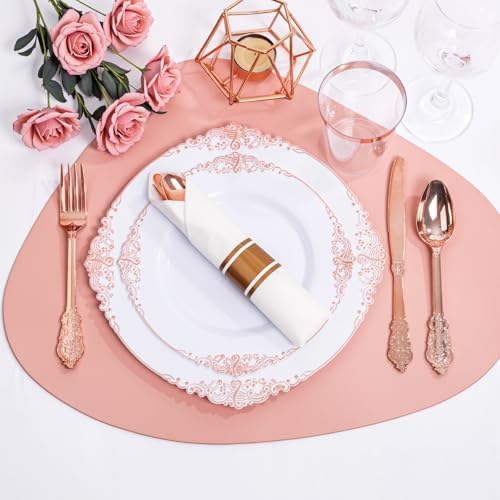 Nervure 700PCS Rose Gold Plastic Plates - Rose Gold Plastic Dinnerware Sets for 100 Guests - 200 White Disposable Plates, 300 Silverware, 100 Cups, 100 Napkins for Wedding & Party