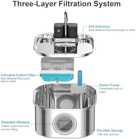 Wireless Cat Water Fountain with 6 Filters + 6 Sponges,[Rechargeable & Faucet ] Stainless Steel Battery Operated, 108oz/ 3.2l Automatic Cordless Pet Fountain -Dog Fountain with 4200 Mah Battery