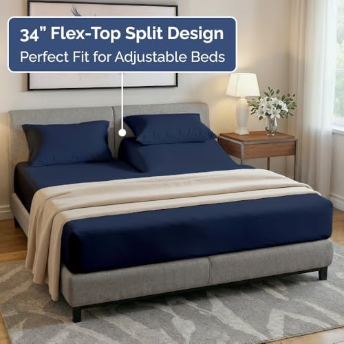 Flex Top Split Head King 4 Piece Sheet Set - Soft & Breathable - Navy Blue