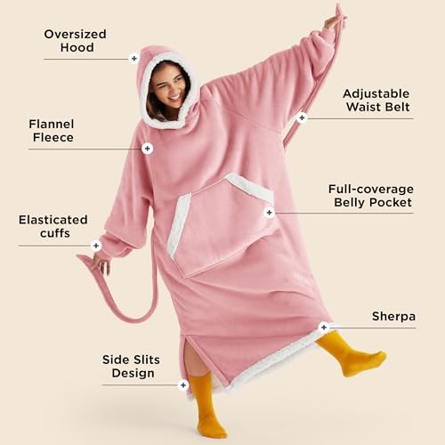 Bedsure Wearable Blanket Hoodie, Long Hooded Blanket Sweatshirt as Christmas Birthday Gifts for Women, Cozy Sherpa Hoodie for Adult, Small, Rose Pink