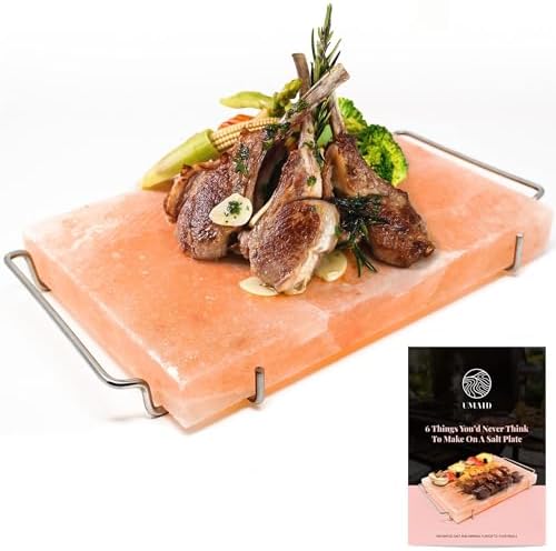 UMAID Himalayan Salt Block Cooking Plate 12x8x1.5 – Food Grade Pink Himalayan Salt Stone for Cooking, Grilling, Serving & Food Presentation – Includes Stainless Steel Tray & Recipe Booklet – Unique Gifts for Men & Women