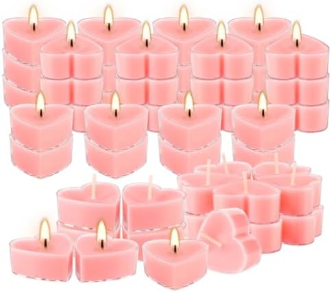 50-Pack Pink Heart Tea Wax (4-Hour Burn) - Rose-Scented Candles for Valentine's Day, Anniversaries, Weeding,Pool Parties & Romantic Decor & Special Occasions.