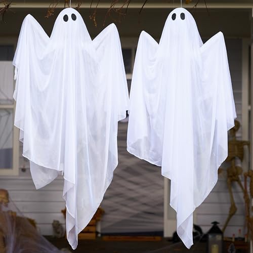 JOYIN 2 Pcs 35.5” Halloween Hanging Light up Ghost Decorations Outdoor, Halloween White Hanging Ghosts with Blue LED Lights and Timer for Haunted House Party Supplies Front Yard Patio Garden Decor