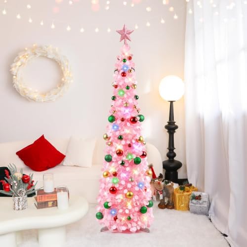 N&T NIETING Pop Up Christmas Tree with Lights & 30 Balls, 5Ft Collapsible Pink Tinsel Tree Decorations for Holiday Home Office Decor, Pink