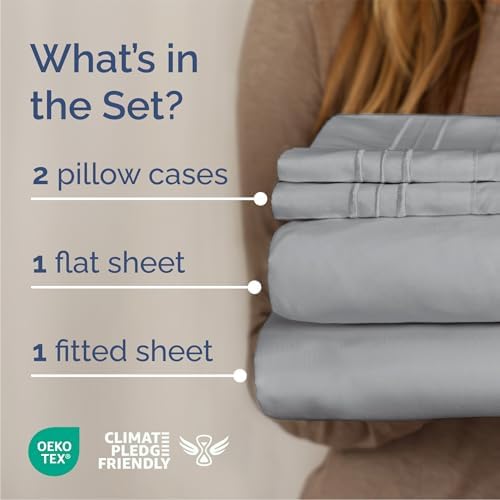 Queen Size 4 Piece Sheet Set - Breathable & Cooling Sheets - Steel Blue