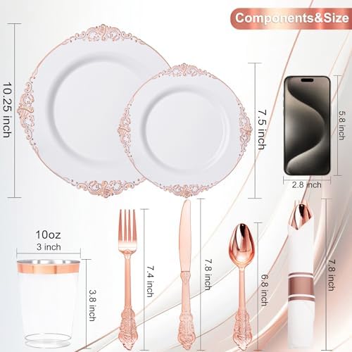 Nervure 700PCS Rose Gold Plastic Plates - Rose Gold Plastic Dinnerware Sets for 100 Guests - 200 White Disposable Plates, 300 Silverware, 100 Cups, 100 Napkins for Wedding & Party