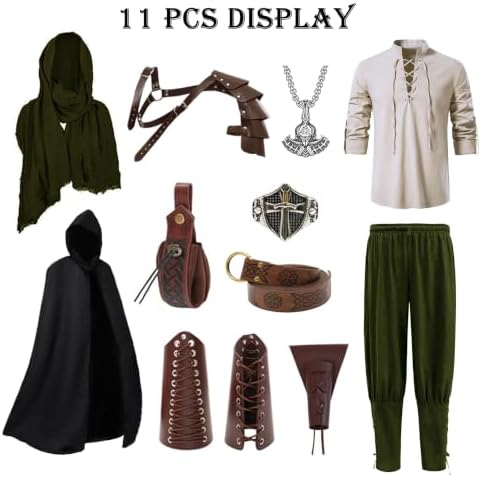 Akokvlar 10 Pcs Men Renaissance Costume Medieval Pirate Shirt Ankle Banded Pants Viking Outfit Set