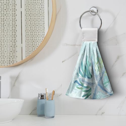 2 Pcs Starfish Hanging Hand Towels Summer Coastal Nautical Kitchen Towels with Hanging Loop Aqua Turquoise Beach Ocean Coral Bath Tie Towels Oven Stove Dish Washcloth