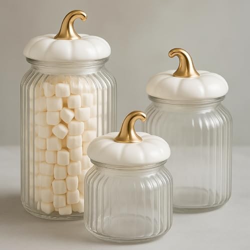 Mimorou 3 Set Pumpkin Glass Jar with Pumpkin Airtight Ceramic Lid 44 oz 33 oz 22oz Fall Clear Candy Jar Food Storage Canister for Thanksgiving Party Tea Cookie Table Decoration (White and Gold,Autumn)