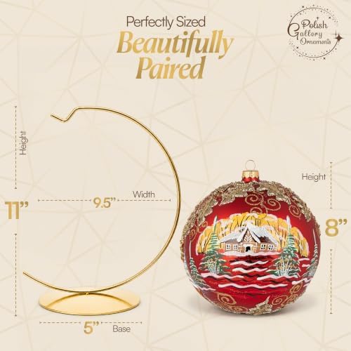 Hand Blown Glass Christmas Ornaments Ball, Gilded Mistletoe Red 8in + Stand