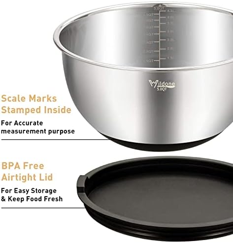 Wildone Stainless Steel Mixing Bowls Set with Airtight Lids, 3 Grater Attachment & Non-slip Bottoms and Multicolor 16 Piece Measuring Cups and Spoons Set
