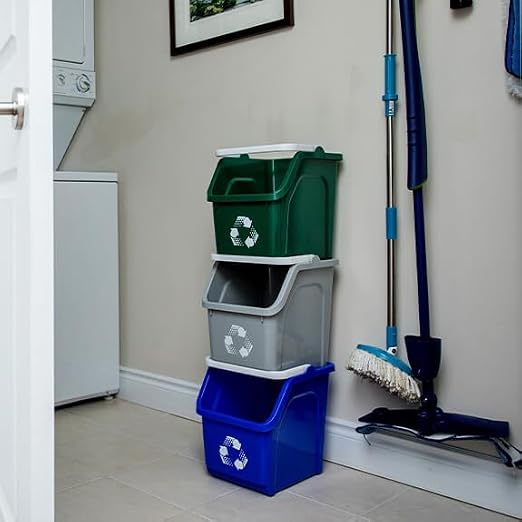 Multi Bin Recycling System with Three Stackable 6 Gallon Recycle Bins for Kitchen Use – Recycling Trash Can Set for Office, Garage, Businesses (3 Pack, Blue/Grey/Green)