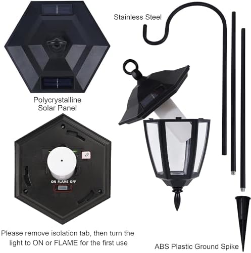 Dynaming 6 Pack Solar Halloween Flame Hanging Lights Outdoor, Flickering Flame LED Garden Lanterns with 4x38 Inch Shepherd Hooks, Landscape Lighting Waterproof for Lawn Yard Pathway Driveway, Purple