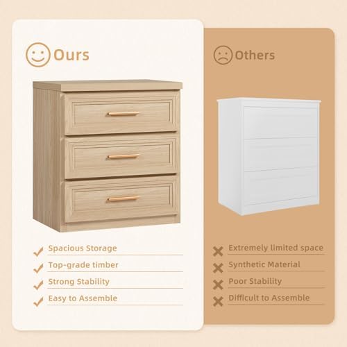 RWYHG Night Stand 3 Drawer Storage 26" Tall Wood with Gold Handle