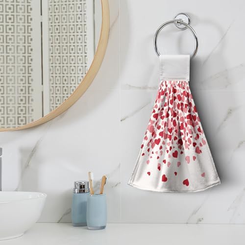Valentines Day Hanging Kitchen Towels Set of 2 Valentine Pink Love Heart Hand Towels with Hanging Loops Holiday Wedding Romantic Dish Washcloth Soft Absorbent Tea Bar Bath Tie Towel