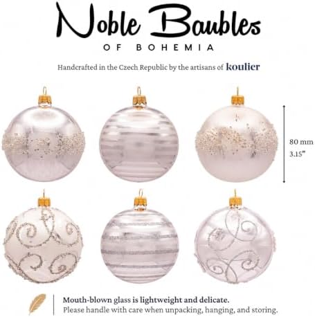 Luxury Handcrafted European Glass Christmas Ball Ornaments - Set of 6 - Silver & White - Satin & Shine - 8 cm - Mouth-Blown & Hand-Painted