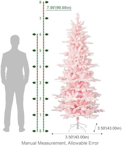 Glitzhome 7.5ft Prelit Artificial Christmas Tree, Slim Pink Frostfall Fir Xmas Tree with 360 Warm White & Multi-Color Lights, 1,486 Branch Tips, Flocked Christmas Tree for Indoor Holiday Spaces