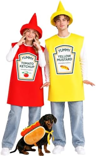 Ketchup Mustard and Hot Dog Costume Adult Set 5PCS Funny Food Tunic Outfits for Couples Family Halloween Party Cosplay