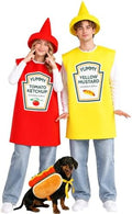 Ketchup Mustard and Hot Dog Costume Adult Set 5PCS Funny Food Tunic Outfits for Couples Family Halloween Party Cosplay