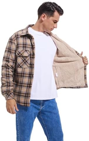 Men's Sherpa Cotton Flannel Shirt Jacket Plaid Button Coat Pocket
