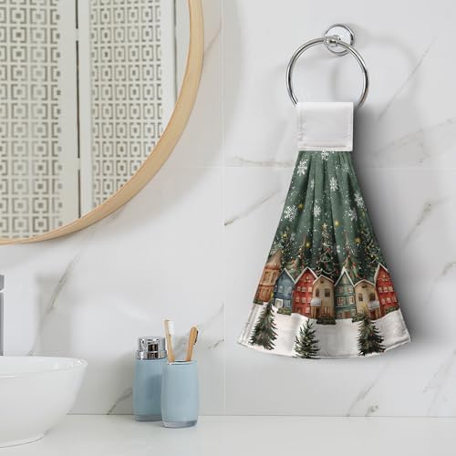 Christmas Hanging Hand Towels Xmas Wonderland Forest House Dish Towel with Hanging Loops Winter Rustic Farmhouse Kitchen Tie Towel Soft Absorbent Fingertip Bath Tie Towel for Bathroom Set of 2
