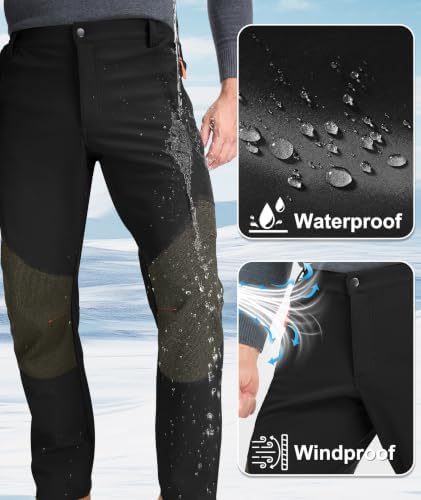 Mens Winter Snow Pants Waterproof Thermal Fleece Lined Hiking Pants with Zip Pockets