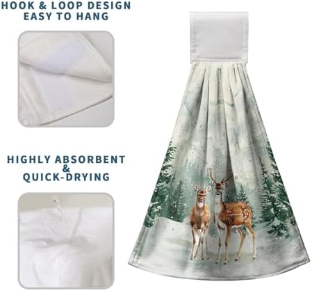 Rustic Farmhouse Winter Hanging Hand Towels with Loop - Pine Trees Xmas Deer Kitchen Dish Towels Absorbent Soft Fast Drying Set of 2