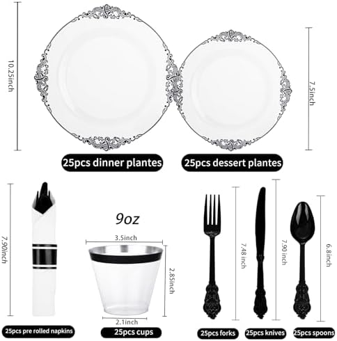 Hioasis 175 Pcs Clear Black Plates for Party