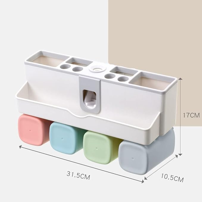 Toothbrush Rack Wall Mounted Toothbrush Holder No Punch Bathroom Shaver Storage Rack with Mouthwash Cup, Toothpaste Squeezer Kit Bathroom Toothbrush Holder(B)