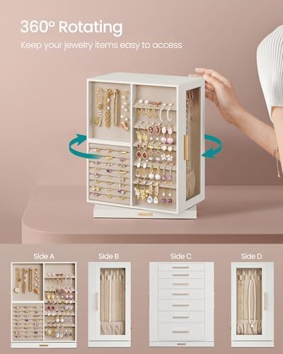 SONGMICS Jewelry Box Organizer, 360° Rotating, 7 Drawers, Cloud White