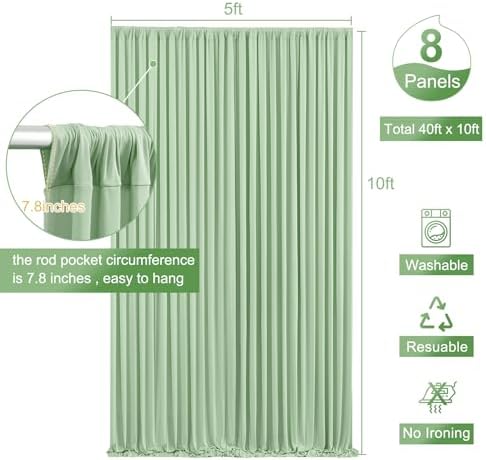8 Panels Sage Green Backdrop Curtain for Parties Wrinkle Free Dark Green Photo Curtains Backdrop Drapes Fabric Decoration for Weding Baby Shower Birthday Party Photography 40ft(W) x 10ft(H)