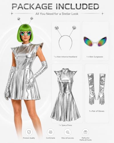 Silver Metallic Dress Holographic with Gloves Alien Headband with Glasses for Party Cosplay