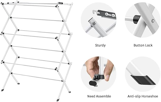 3 Tier Clothes Drying Rack, Foldable Drying Rack Clothing,Indoor & Outdoor Laundry Rack for Drying Clothes,Space-Saving Design, Metal Collapsible Dryer Racks for Laundry, White