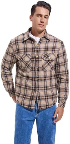 Men's Sherpa Cotton Flannel Shirt Jacket Plaid Button Coat Pocket