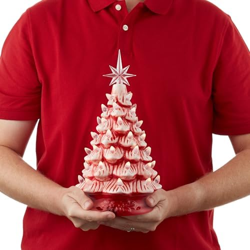 Casafield Hand Painted Ceramic Christmas Tree, Red and White Peppermint 12-Inch Pre-Lit Tree with 100 Multi Color Lights and 2 Star Toppers