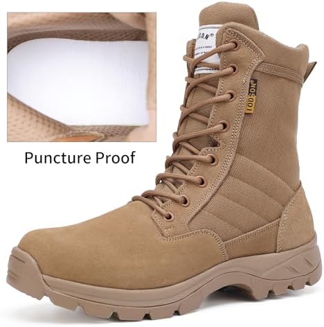 Men's Military Tactical Work Boots with Side Zipper, Puncture Resistant, Desert Combat, Army Jungle, 8 Inch Lightweight Hiking Boots
