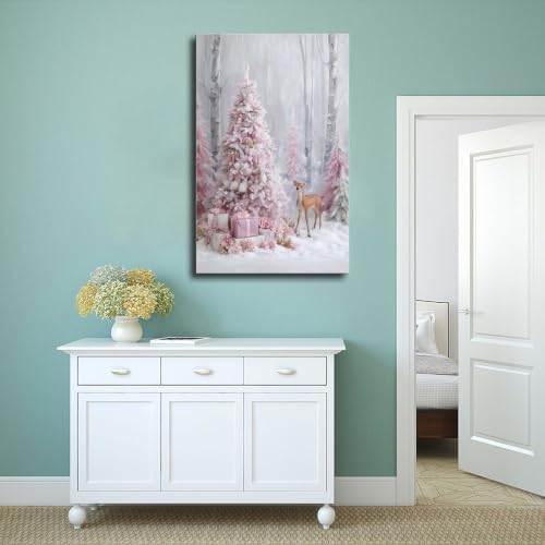 JDBeehpy Pink Christmas Tree and Gift Box Wall Art Unframed 24x36inch
